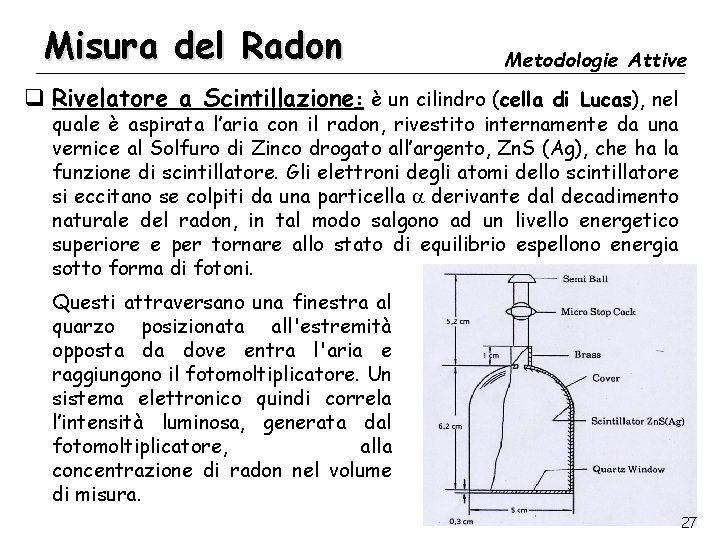 Misura del Radon Metodologie Attive q Rivelatore a Scintillazione: è un cilindro (cella di