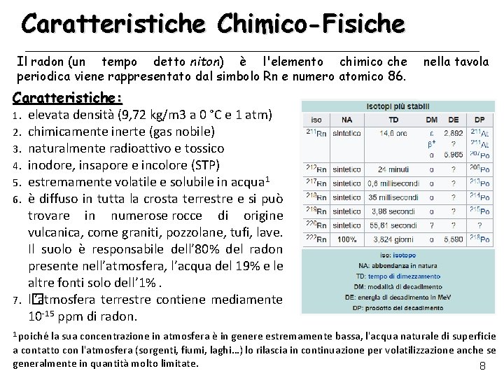 Caratteristiche Chimico-Fisiche Il radon (un tempo detto niton) è l'elemento chimico che periodica viene