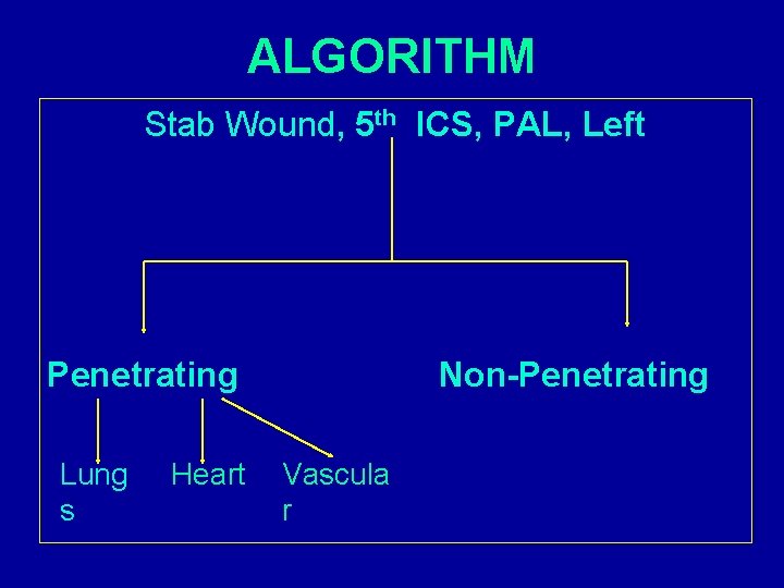 ALGORITHM Stab Wound, 5 th ICS, PAL, Left Penetrating Lung s Heart Non-Penetrating Vascula ALGORITHM Stab Wound, 5 th ICS, PAL, Left Penetrating Lung s Heart Non-Penetrating Vascula