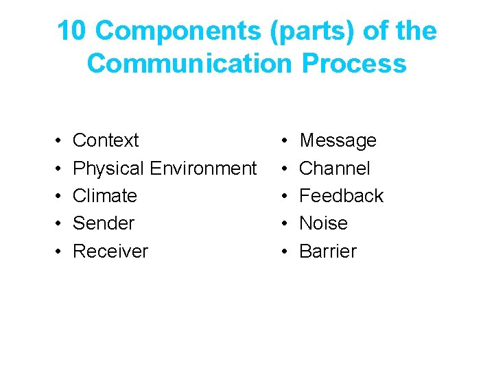 10 Components (parts) of the Communication Process • • • Context Physical Environment Climate