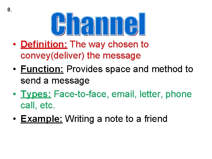 8. • Definition: The way chosen to convey(deliver) the message • Function: Provides space