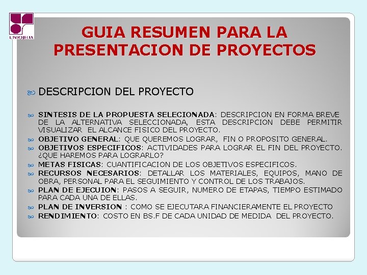 GUIA RESUMEN PARA LA PRESENTACION DE PROYECTOS DESCRIPCION DEL PROYECTO SINTESIS DE LA PROPUESTA