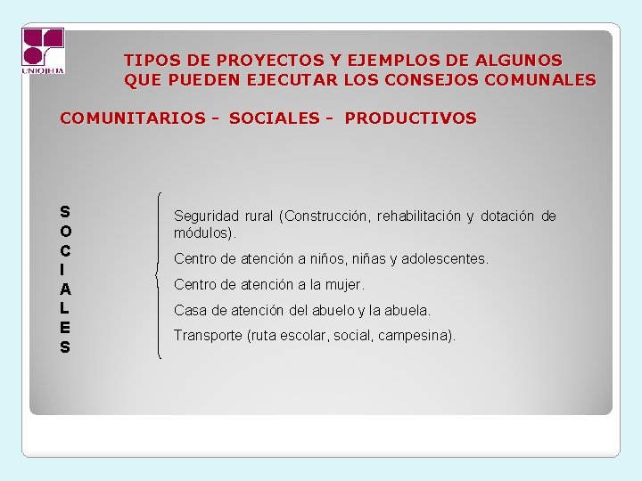 TIPOS DE PROYECTOS Y EJEMPLOS DE ALGUNOS QUE PUEDEN EJECUTAR LOS CONSEJOS COMUNALES COMUNITARIOS
