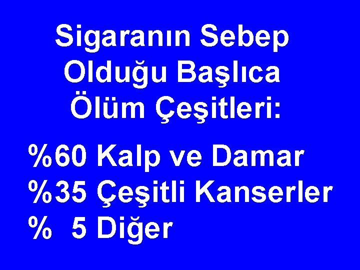 Sigaranın Sebep Olduğu Başlıca Ölüm Çeşitleri: %60 Kalp ve Damar %35 Çeşitli Kanserler %