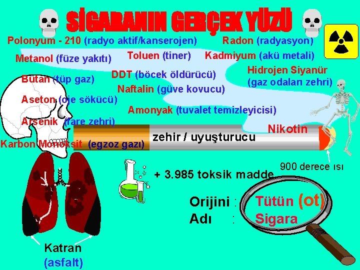 SİGARANIN GERÇEK YÜZÜ Polonyum - 210 (radyo aktif/kanserojen) Radon (radyasyon) Toluen (tiner) Kadmiyum (akü