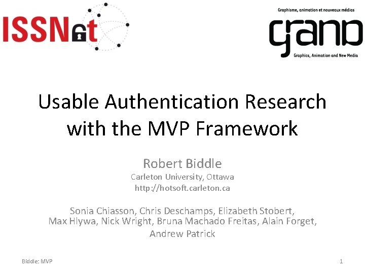 Usable Authentication Research with the MVP Framework Robert Biddle Carleton University, Ottawa http: //hotsoft.