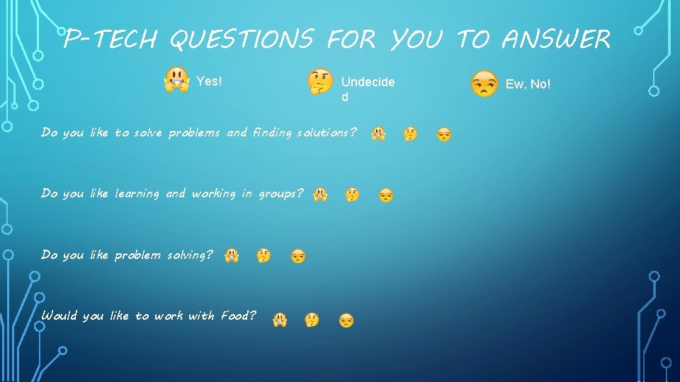 P-TECH QUESTIONS FOR YOU TO ANSWER Yes! Undecide d Do you like to solve