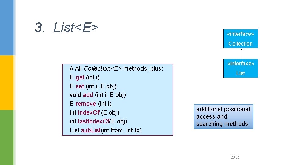 3. List<E> «interface» Collection // All Collection<E> methods, plus: E get (int i) E