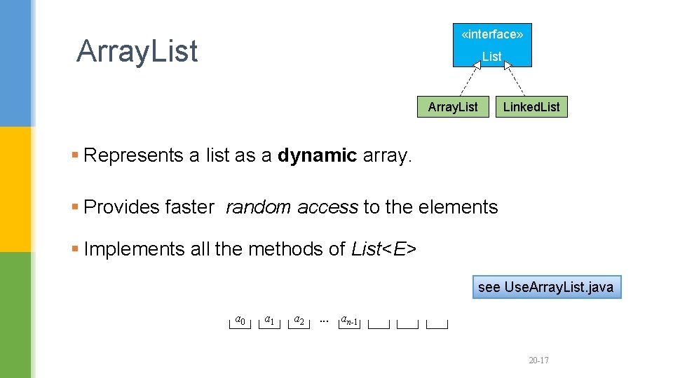  «interface» Array. List Linked. List § Represents a list as a dynamic array.