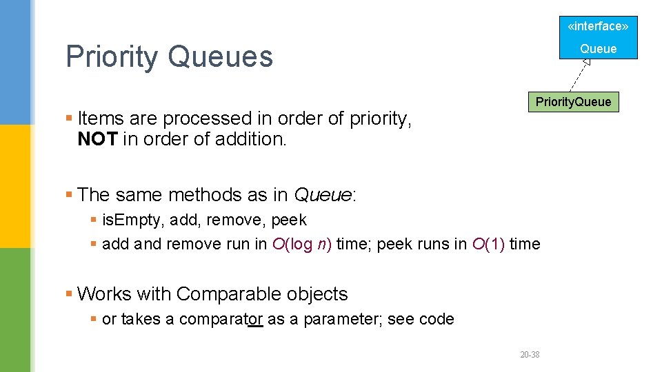  «interface» Priority Queues § Items are processed in order of priority, NOT in