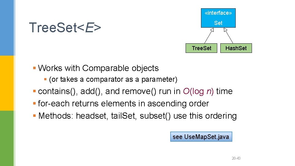  «interface» Set Tree. Set<E> Tree. Set Hash. Set § Works with Comparable objects