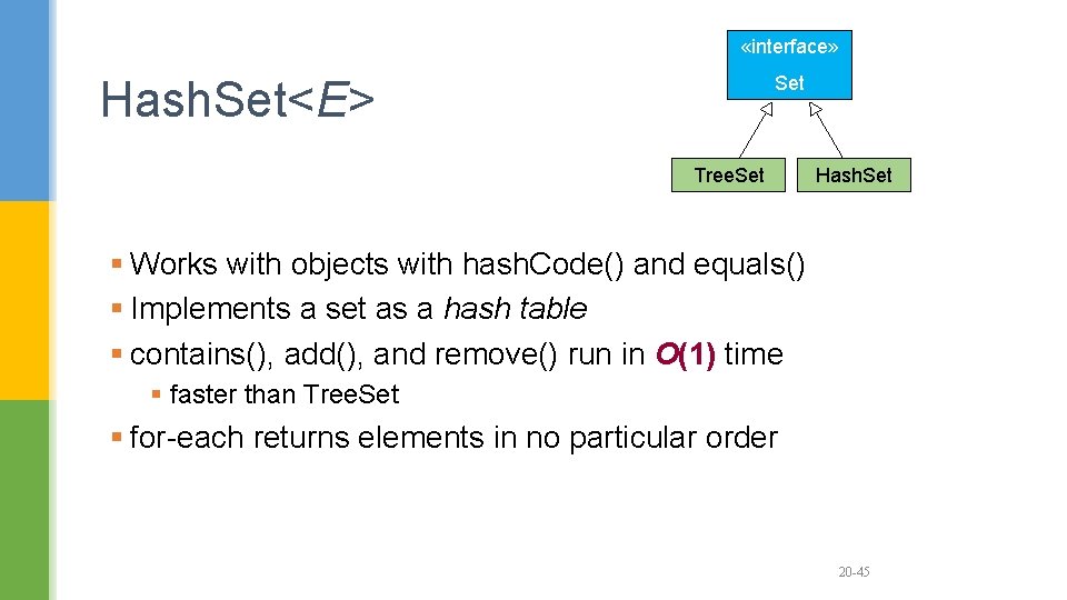  «interface» Set Hash. Set<E> Tree. Set Hash. Set § Works with objects with