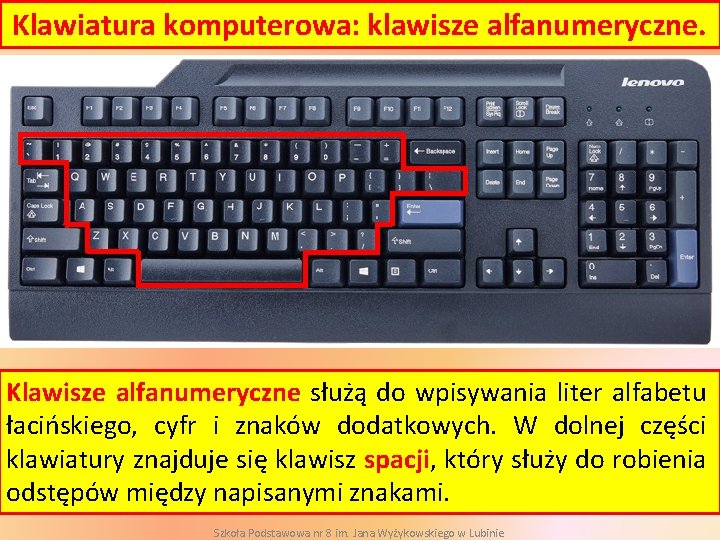 Klawiatura komputerowa: klawisze alfanumeryczne. Klawisze alfanumeryczne służą do wpisywania liter alfabetu łacińskiego, cyfr i