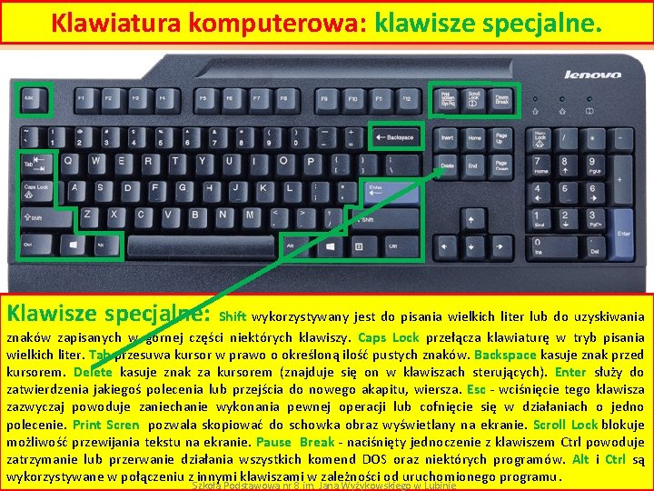 Klawiatura komputerowa: klawisze specjalne. Klawisze specjalne: Shift wykorzystywany jest do pisania wielkich liter lub