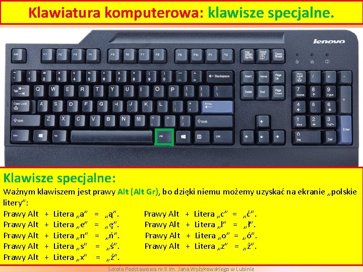 Klawiatura komputerowa: klawisze specjalne. Klawisze specjalne: Ważnym klawiszem jest prawy Alt (Alt Gr), bo