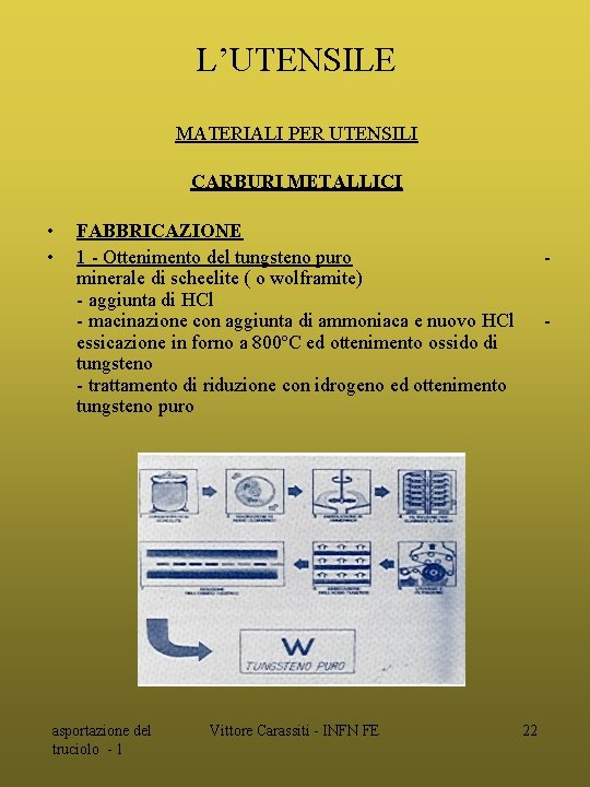 L’UTENSILE MATERIALI PER UTENSILI CARBURI METALLICI • • FABBRICAZIONE 1 - Ottenimento del tungsteno