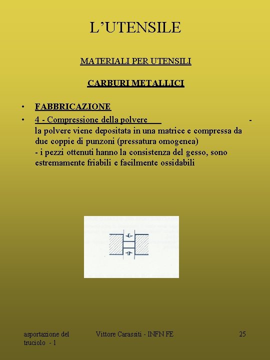 L’UTENSILE MATERIALI PER UTENSILI CARBURI METALLICI • • FABBRICAZIONE 4 - Compressione della polvere