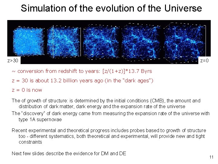 Simulation of the evolution of the Universe z>30 z=0 ~ conversion from redshift to