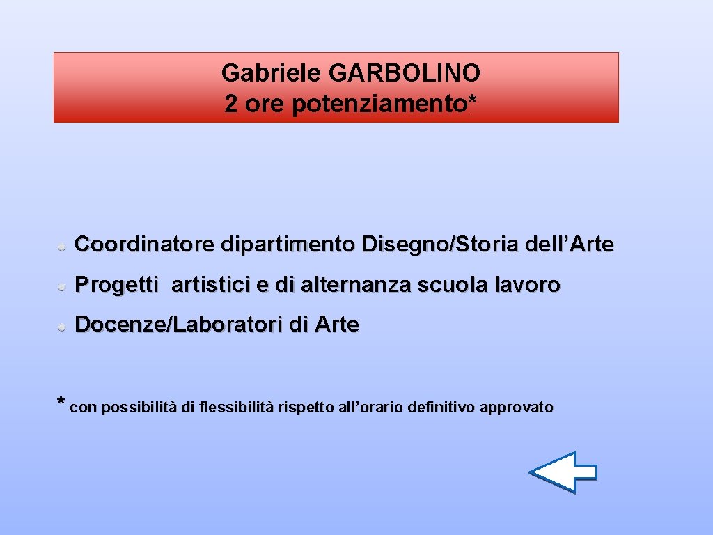 Gabriele GARBOLINO 2 ore potenziamento* Coordinatore dipartimento Disegno/Storia dell’Arte Progetti artistici e di alternanza