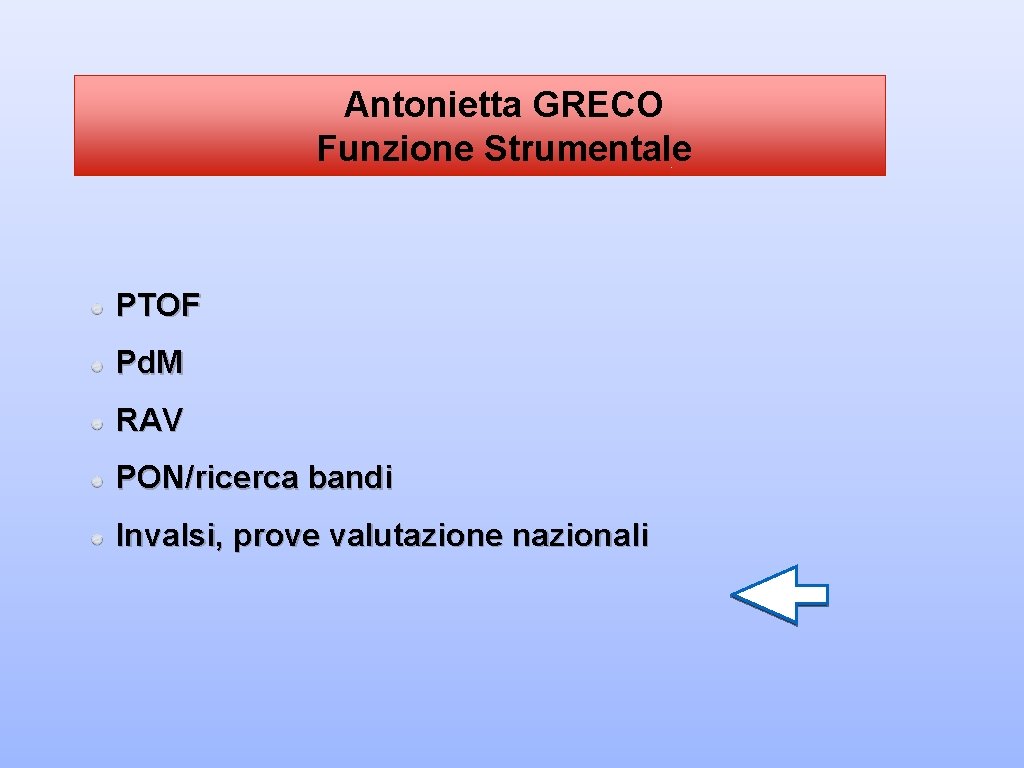 Antonietta GRECO Funzione Strumentale PTOF Pd. M RAV PON/ricerca bandi Invalsi, prove valutazione nazionali