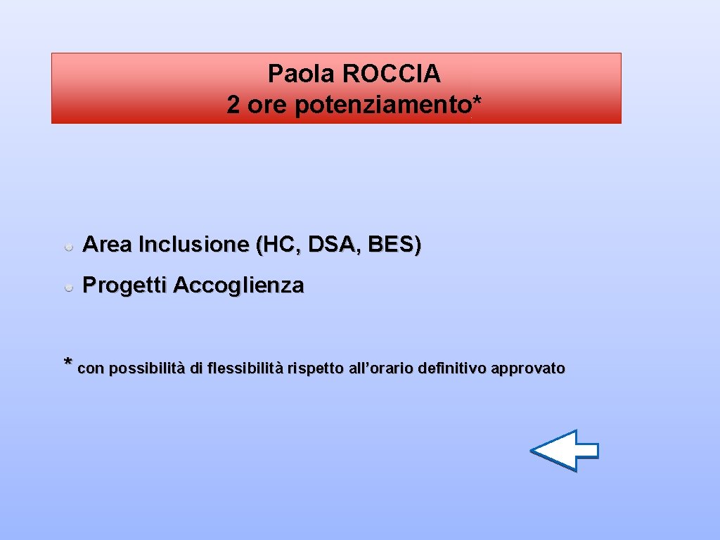 Paola ROCCIA 2 ore potenziamento* Area Inclusione (HC, DSA, BES) Progetti Accoglienza * con