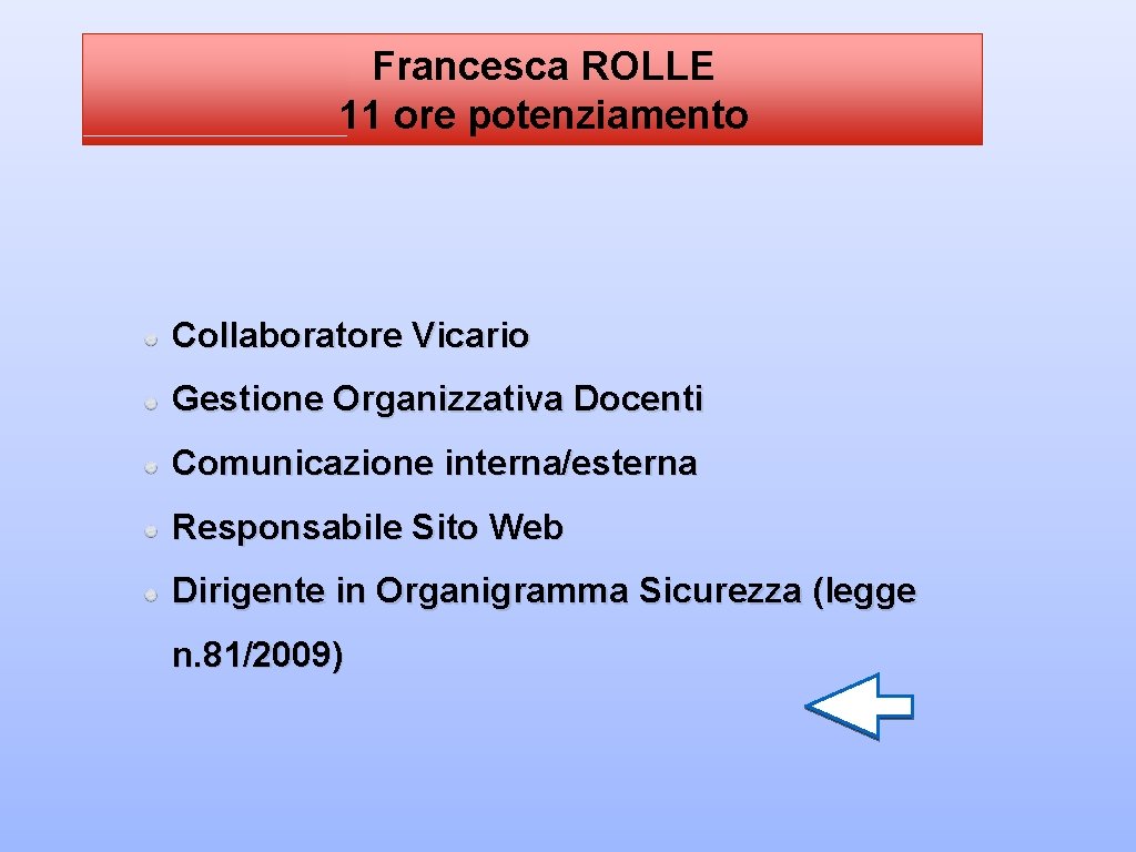 Francesca ROLLE 11 ore potenziamento Collaboratore Vicario Gestione Organizzativa Docenti Comunicazione interna/esterna Responsabile Sito