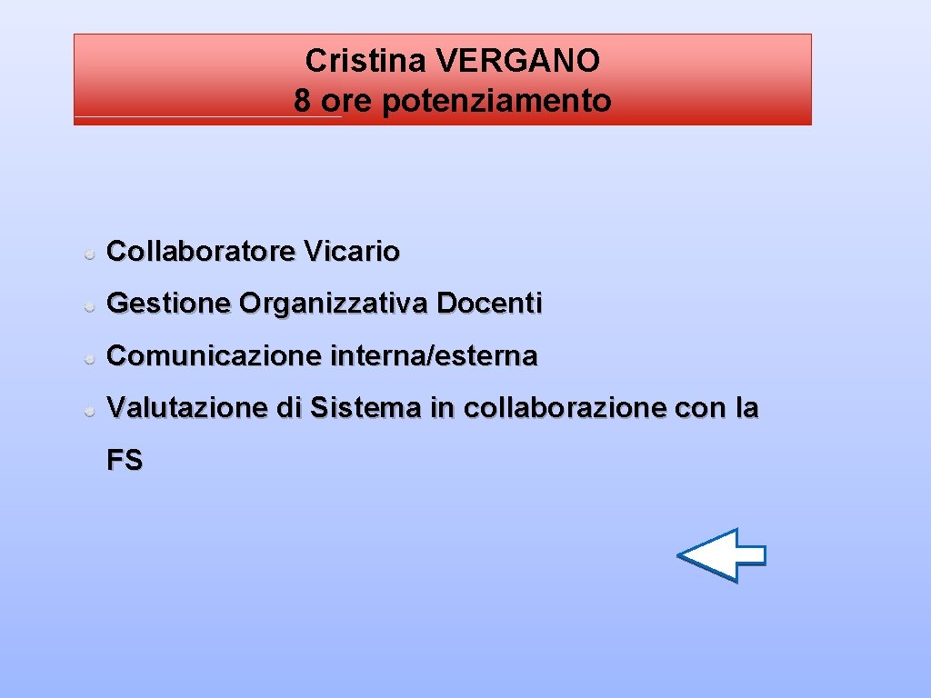 Cristina VERGANO 8 ore potenziamento Collaboratore Vicario Gestione Organizzativa Docenti Comunicazione interna/esterna Valutazione di