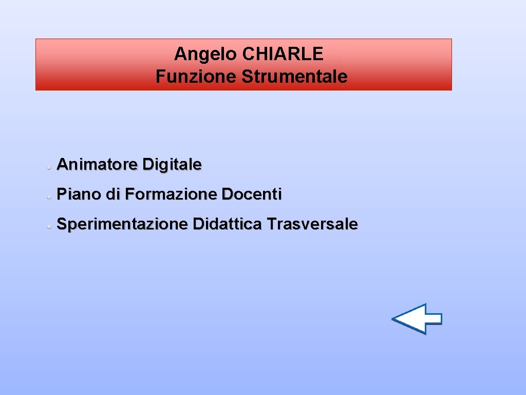 Angelo CHIARLE Funzione Strumentale Animatore Digitale Piano di Formazione Docenti Sperimentazione Didattica Trasversale 