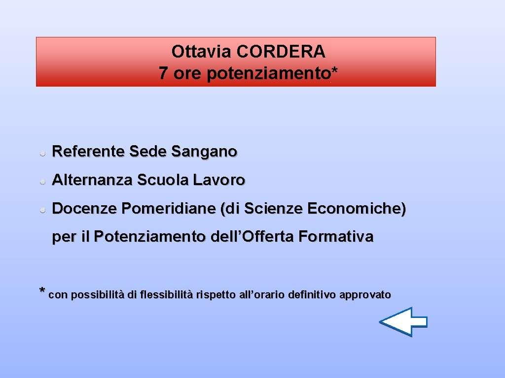 Ottavia CORDERA 7 ore potenziamento* Referente Sede Sangano Alternanza Scuola Lavoro Docenze Pomeridiane (di