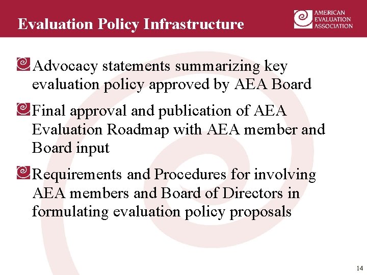 Evaluation Policy Infrastructure Advocacy statements summarizing key evaluation policy approved by AEA Board Final