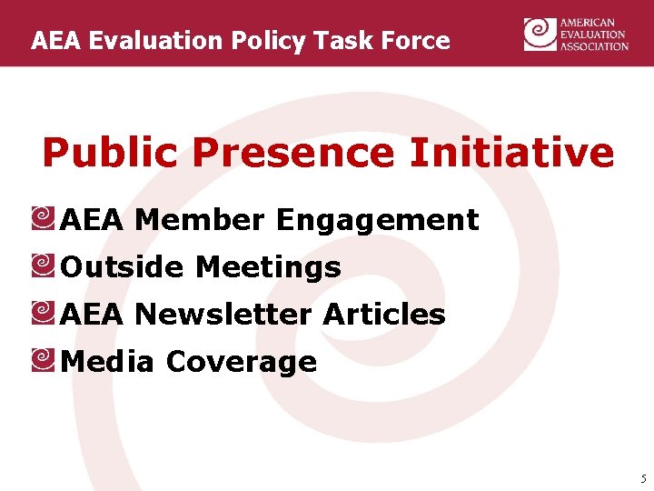 AEA Evaluation Policy Task Force Public Presence Initiative AEA Member Engagement Outside Meetings AEA