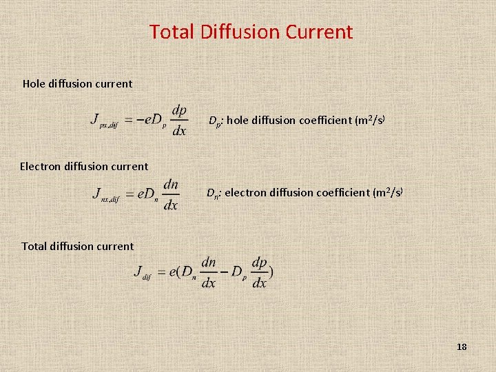 Total Diffusion Current Hole diffusion current Dp: hole diffusion coefficient (m 2/s) Electron diffusion Total Diffusion Current Hole diffusion current Dp: hole diffusion coefficient (m 2/s) Electron diffusion