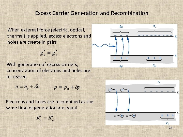 Excess Carrier Generation and Recombination When external force (electric, optical, thermal) is applied, excess Excess Carrier Generation and Recombination When external force (electric, optical, thermal) is applied, excess