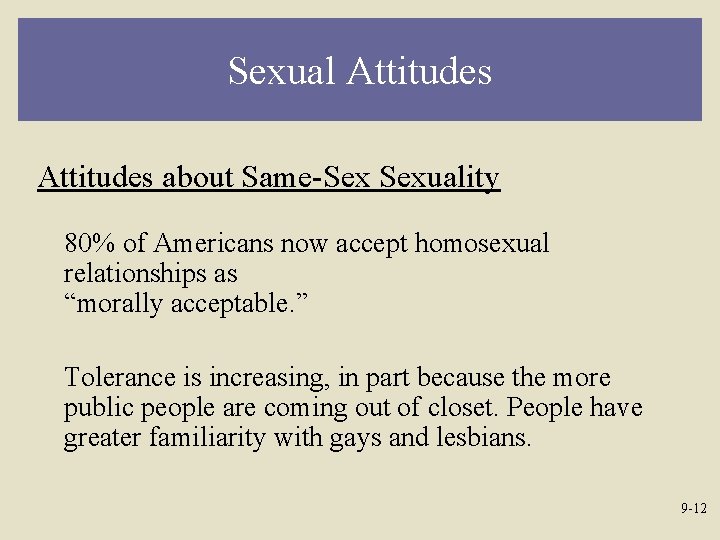 Sexual Attitudes about Same-Sex Sexuality 80% of Americans now accept homosexual relationships as “morally