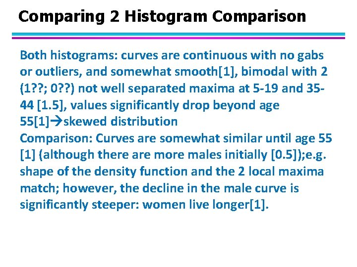 Comparing 2 Histogram Comparison Both histograms: curves are continuous with no gabs or outliers,