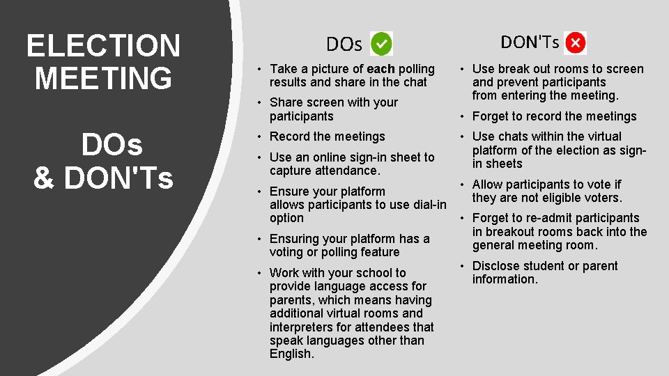 ELECTION MEETING DOs & DON'Ts DOs • Take a picture of each polling results