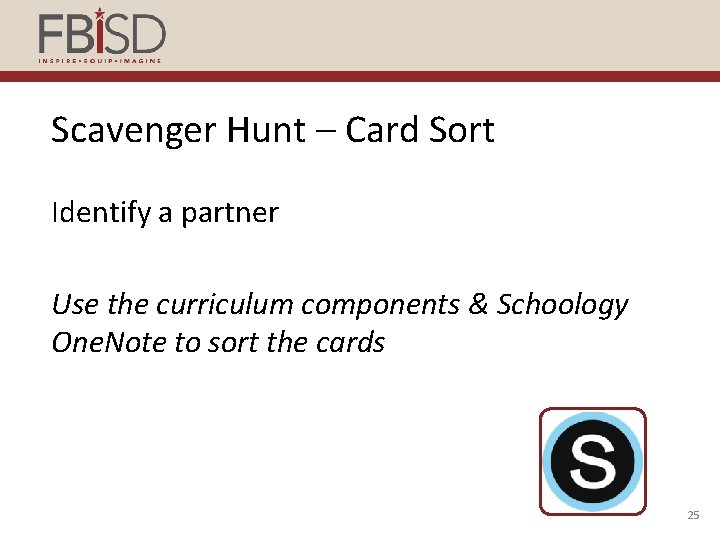 Scavenger Hunt – Card Sort Identify a partner Use the curriculum components & Schoology