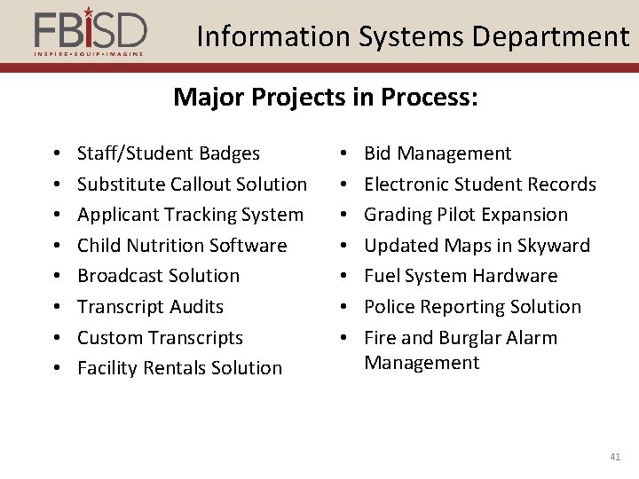 Information Systems Department Major Projects in Process: • • Staff/Student Badges Substitute Callout Solution