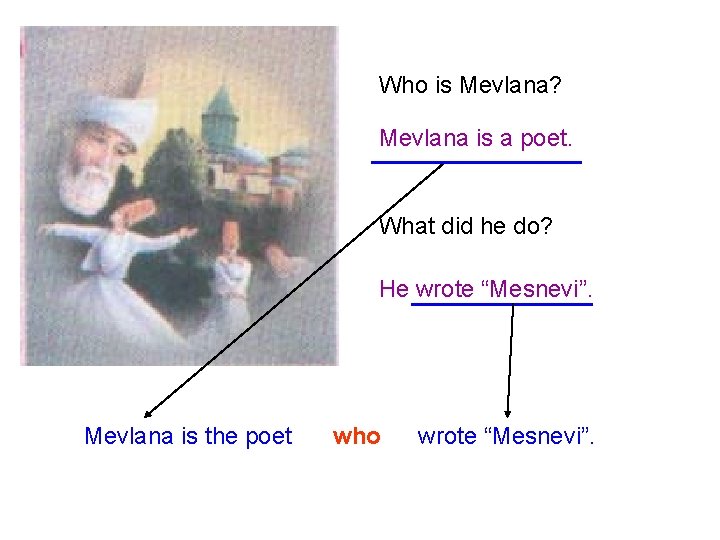 Who is Mevlana? Mevlana is a poet. What did he do? He wrote “Mesnevi”.