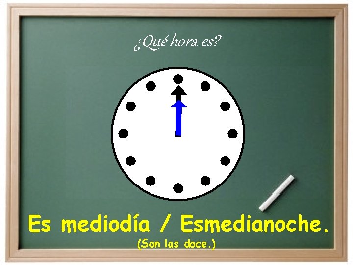 ¿Qué hora es? Es mediodía / Esmedianoche. (Son las doce. ) 