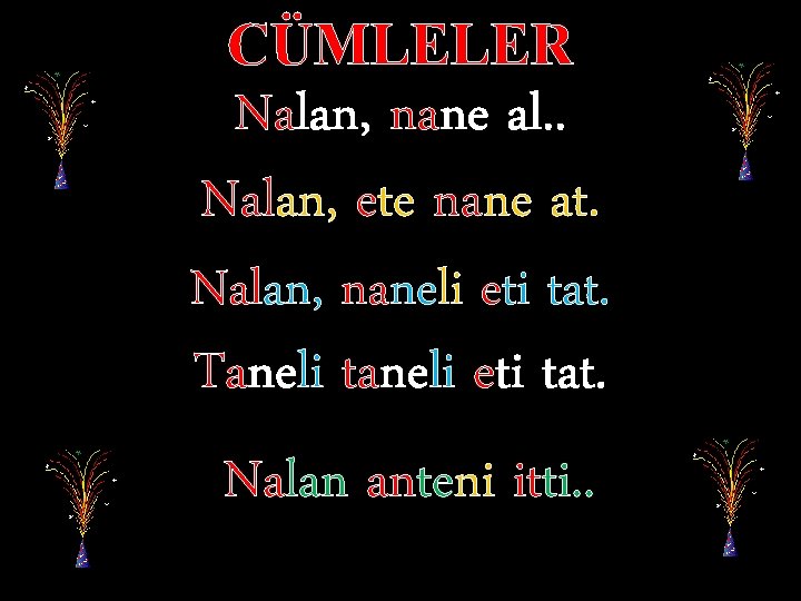 CÜMLELER Nalan, nane al. . Nalan, ete nane at. Nalan, naneli eti tat. Taneli