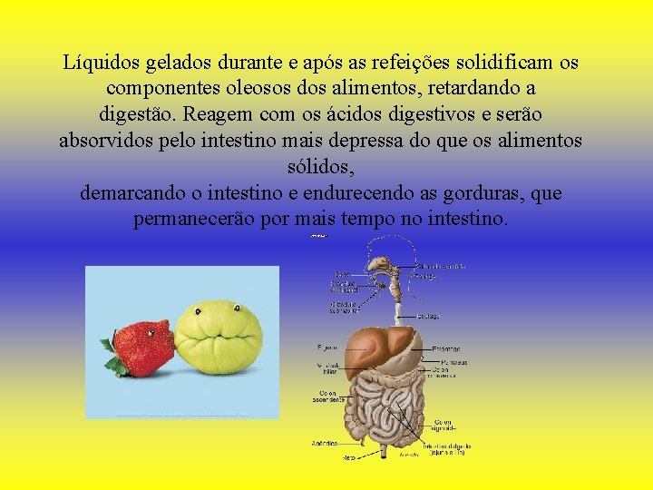 Líquidos gelados durante e após as refeições solidificam os componentes oleosos dos alimentos, retardando