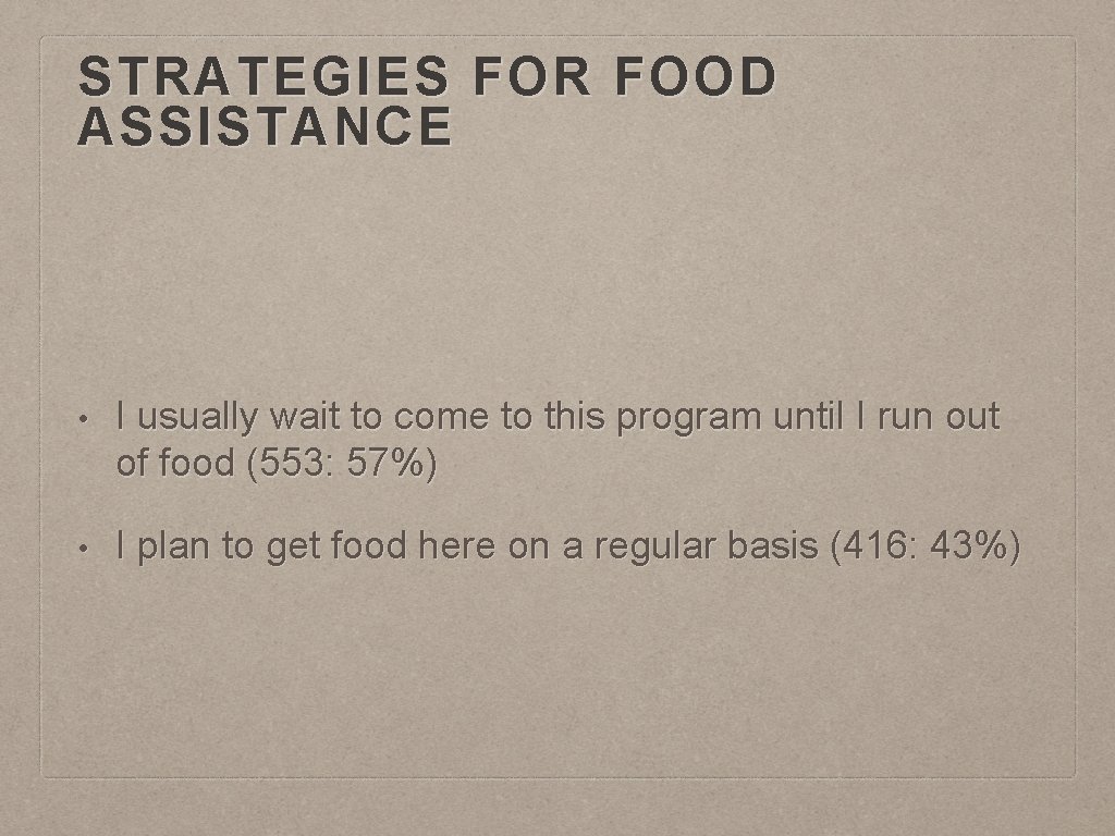STRATEGIES FOR FOOD ASSISTANCE • I usually wait to come to this program until