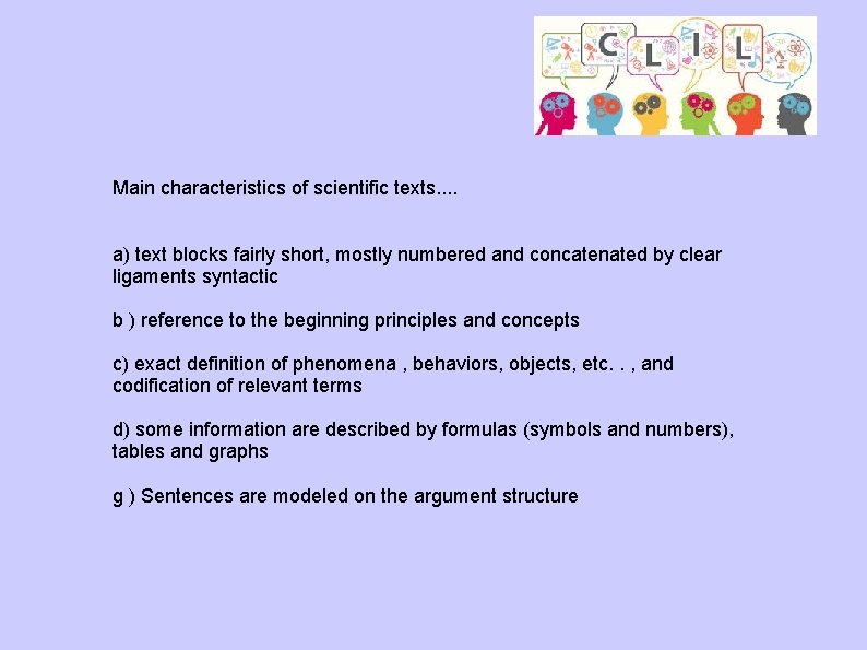 Main characteristics of scientific texts. . a) text blocks fairly short, mostly numbered and