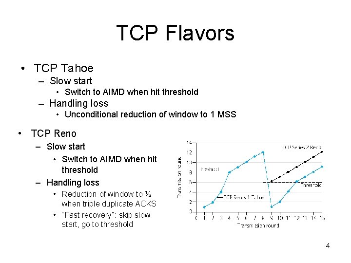 TCP Flavors • TCP Tahoe – Slow start • Switch to AIMD when hit