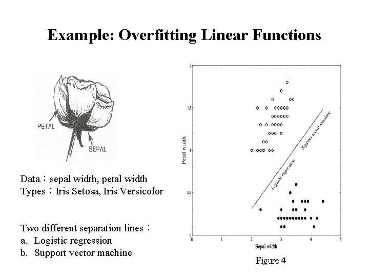 Example: Overfitting Linear Functions Data：sepal width, petal width Types：Iris Setosa, Iris Versicolor Two different