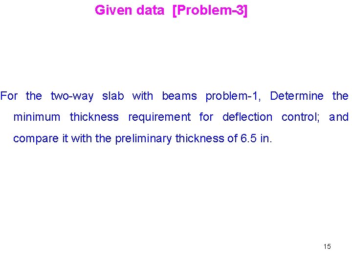 Given data [Problem-3] For the two-way slab with beams problem-1, Determine the minimum thickness