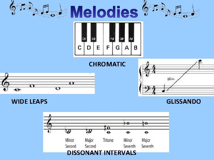 CHROMATIC WIDE LEAPS GLISSANDO DISSONANT INTERVALS 