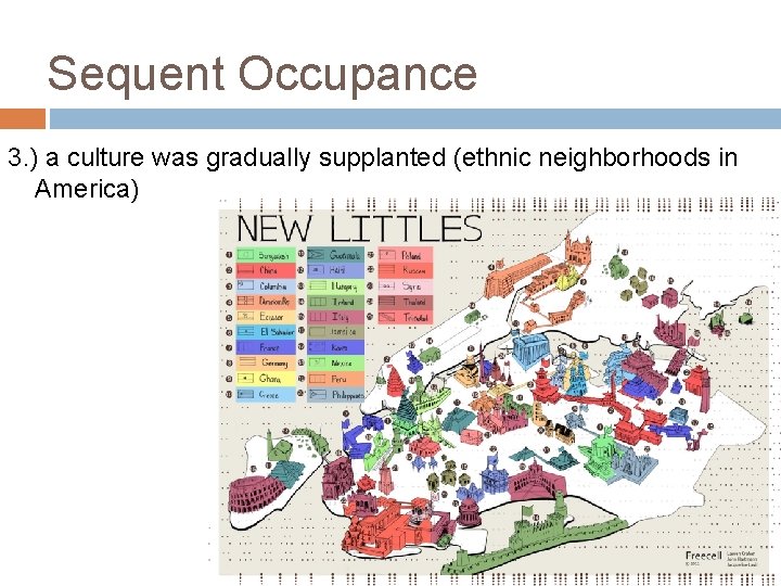 Sequent Occupance 3. ) a culture was gradually supplanted (ethnic neighborhoods in America) 