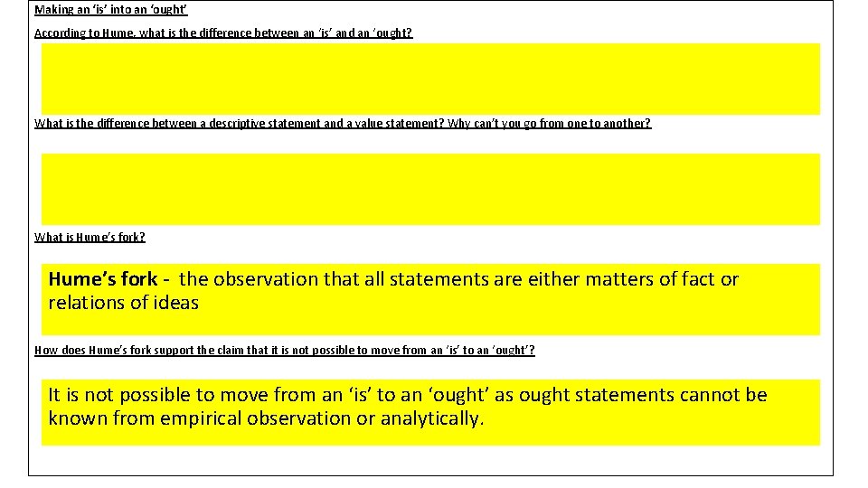 Making an ‘is’ into an ‘ought’ According to Hume, what is the difference between